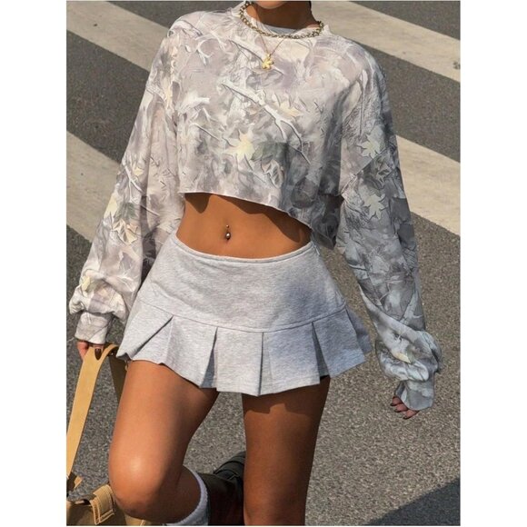 Women's Camo Print Crop Crewneck Sweatshirt Long Sleeve Vintage Y2K Top - Picture 4 of 5